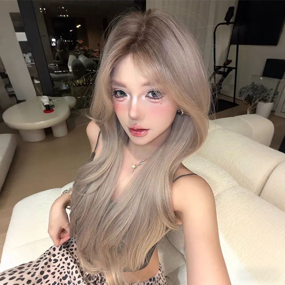 [Beaver] Kony wig for women upgraded simulation middle-parted atmosphere-dyed root-dyed long curly wig set full headgear
