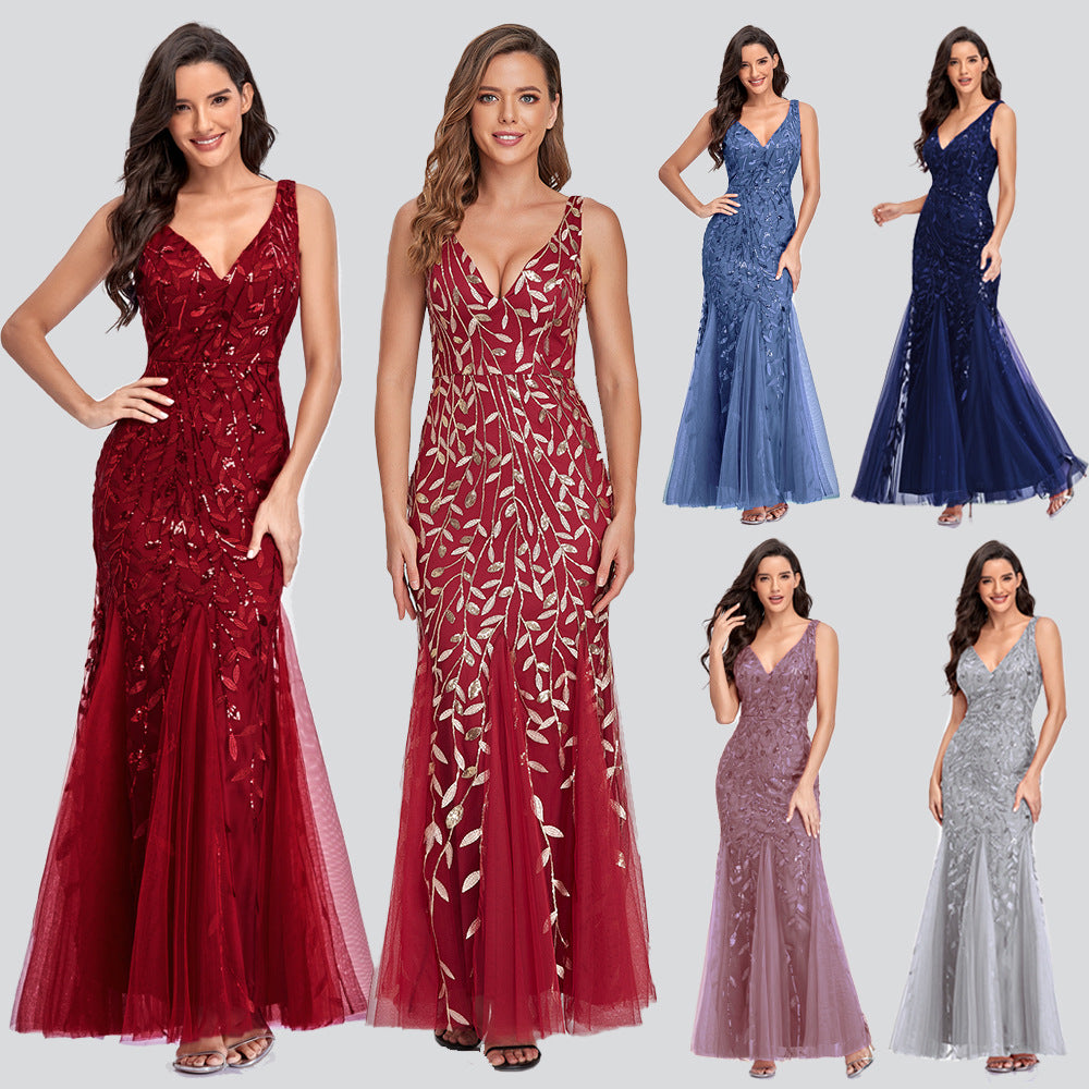 Dress Sexy Long Skirt Sleeveless V Neck Embroidered Sequin Slim Fishtail Bridesmaid Evening Dress for Women