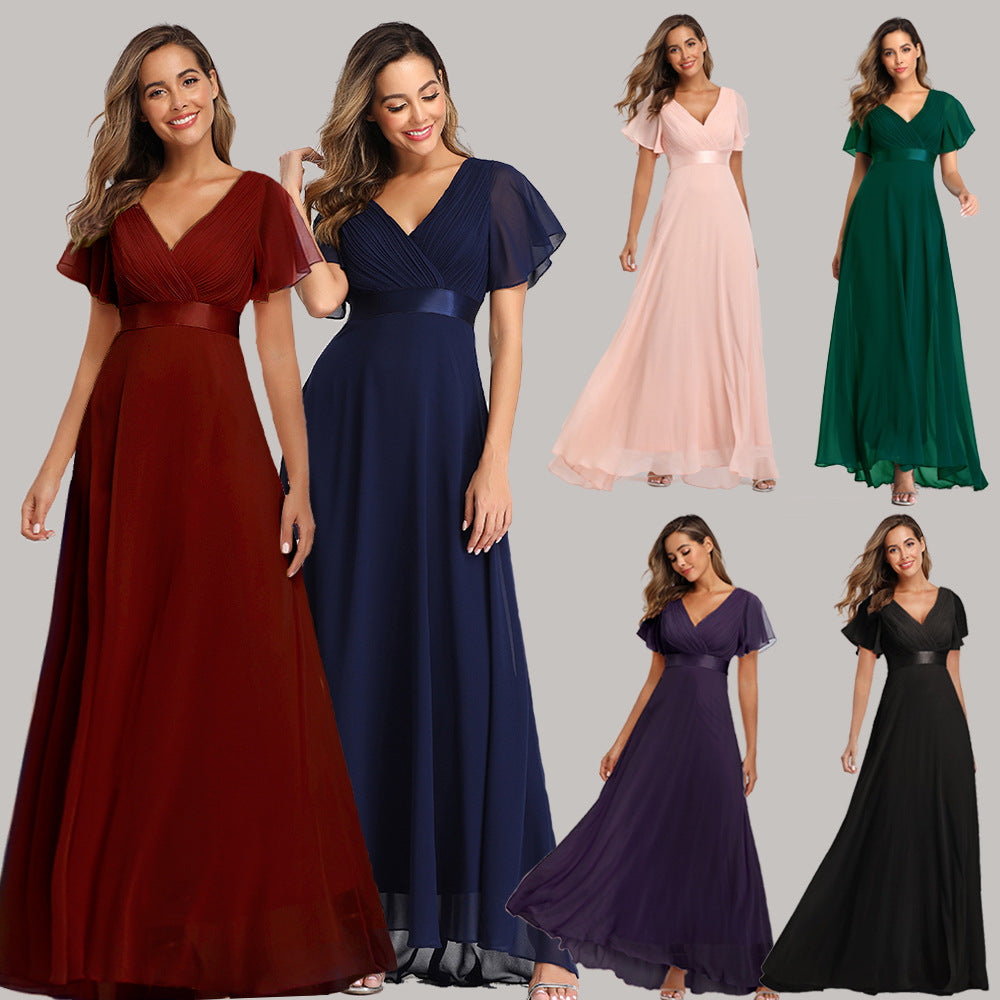 Spring and Summer Hand-Folded Double V Neck Trumpet Sleeve Dress Elastic Chiffon Banquet Bridesmaid Plus Size Evening Dress