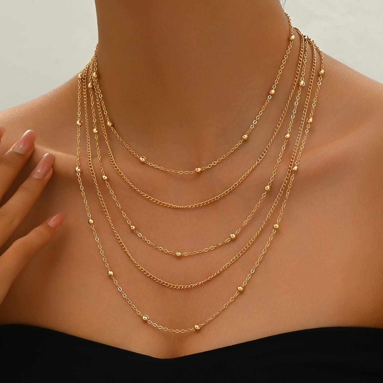 Multi-Layer Gold Bead Statement Necklace, Retro European Fashion Stackable Jewelry for Women