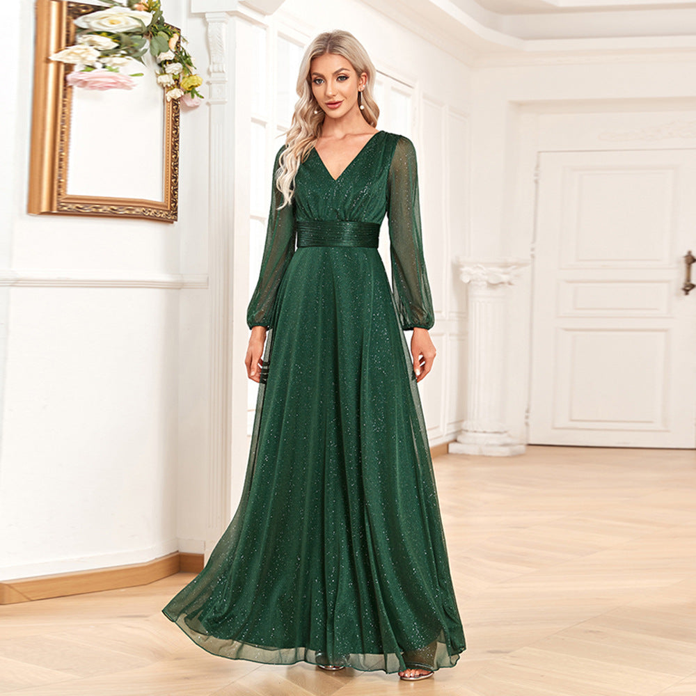 Women's Elegant V Neck Shiny Chiffon Evening Dress A-Line Perspective Long Sleeve Wedding Party Dress Bridesmaid