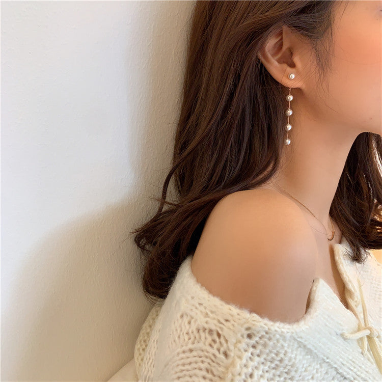 Elegant Korean Fashion Pearl Chain Tassel Dangle Earrings for Women
