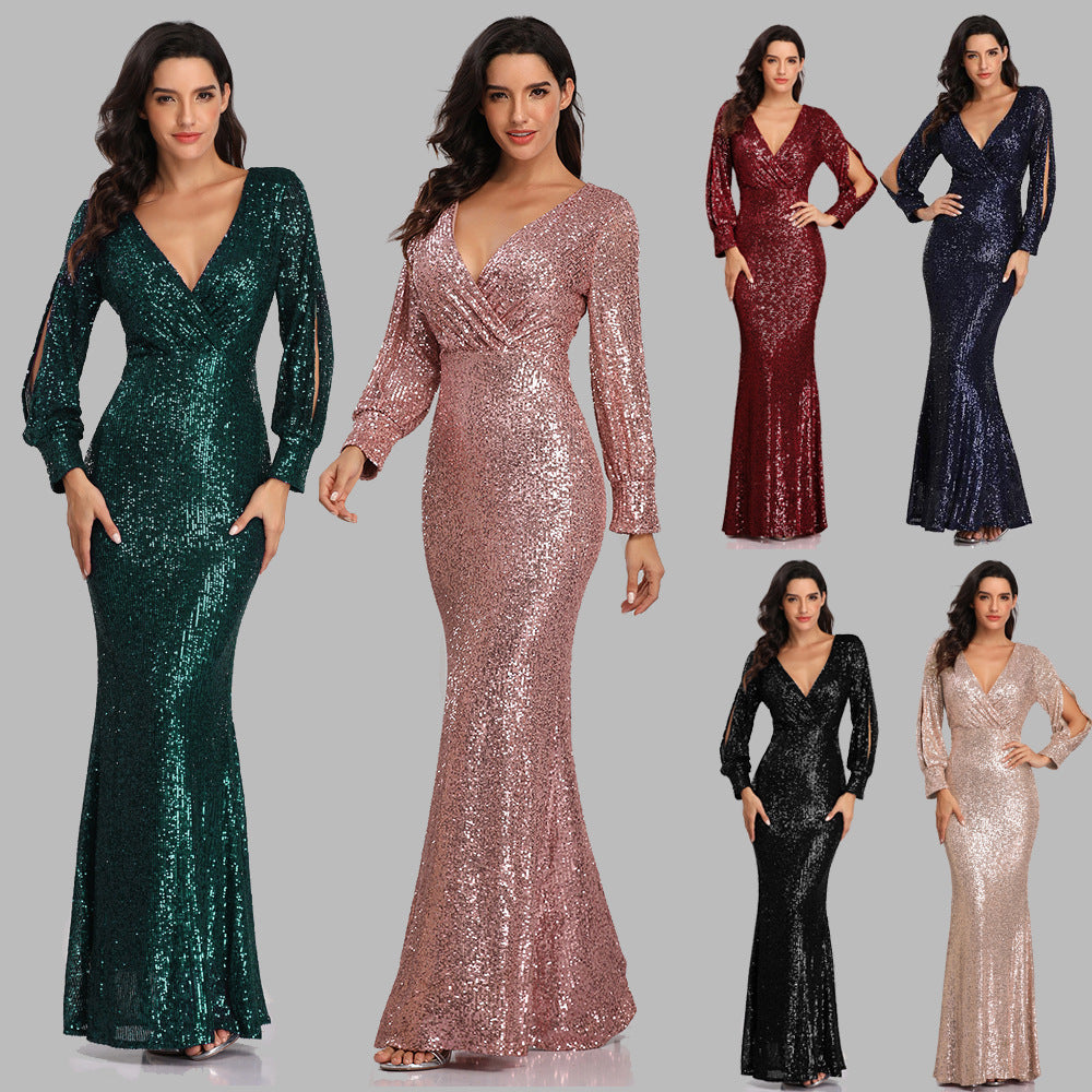 Multi-Color Large Size Long-Sleeved V Neck Sequined Fishtail Evening Dress for Women in Stock