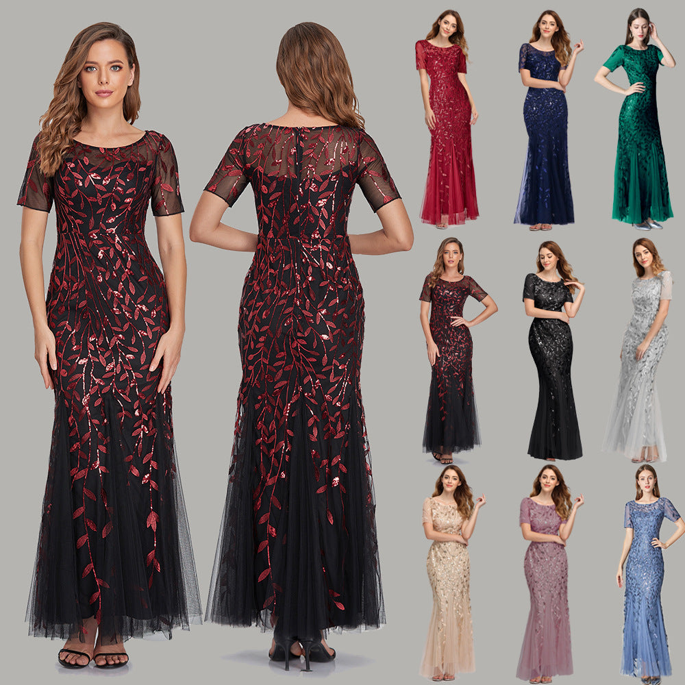 Spring and Summer banquet host slim mesh sequined evening dress fishtail dress women