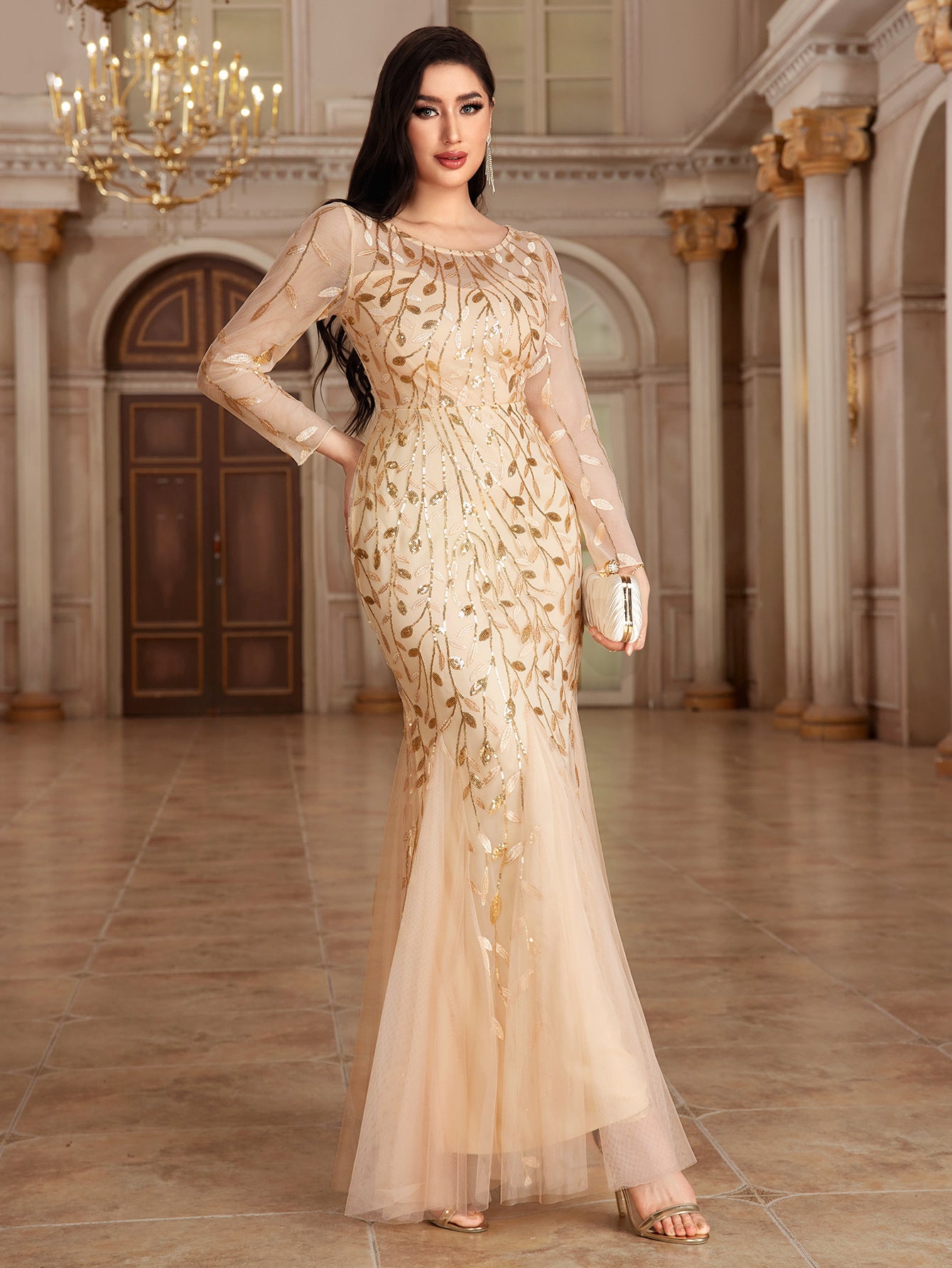 Hot-selling Long-sleeved Round Neck Fully Lined Back Zipper Fishtail Dress Banquet Evening Dress Women's in stock