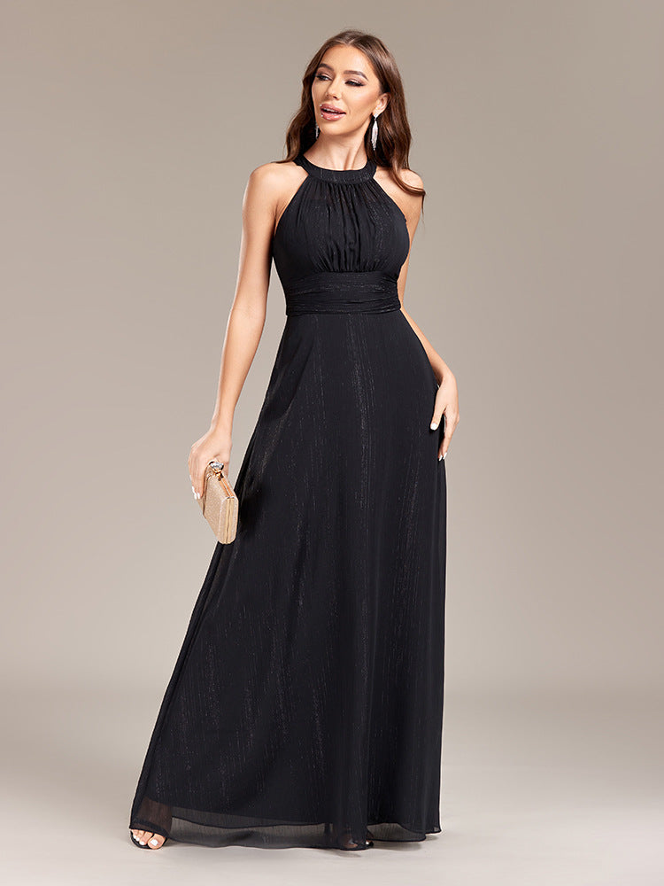 Halter Backless Pleated Waist Party Skirt Back Zipper Black A Large Swing Fully Lined Evening Dress