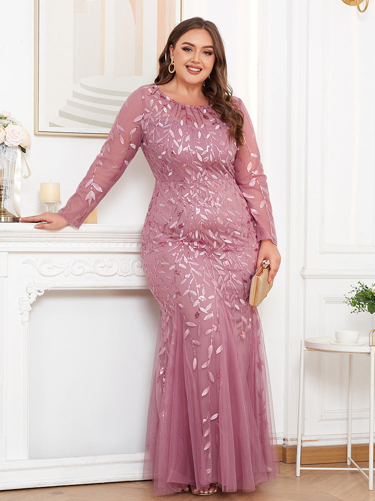 long sleeve round neck fully lined back zipper fishtail long skirt embroidered evening dress